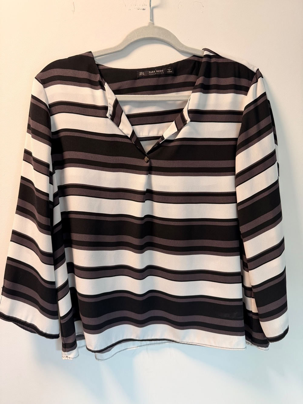 Zara Black, White & Gray Striped V-Notch Blouse